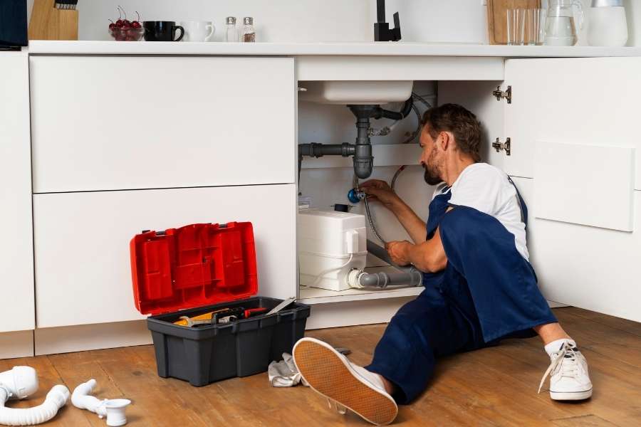 A professional plumber fixing a major plumbing emergency under a kitchen sink with tools nearby.
